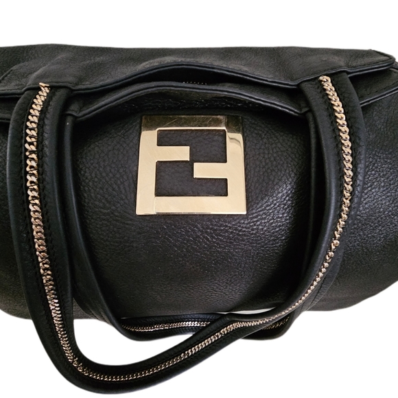 Authentic Extra Large Fendi Black Metallic Nubuck Leather Chain Shoulder Bag - Picture 4 of 16